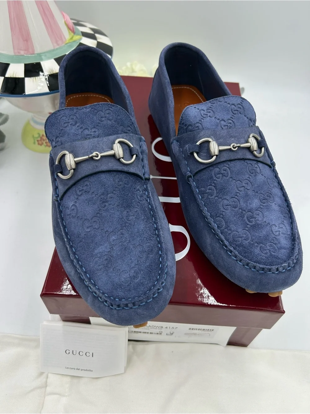 Men's Gucci blue suede GG embossed driver loafers size 12 fits 12.5 US - Picture 4 of 9